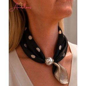 Dames Halssjaal polka dot zwart beige 526 korte sjaal met parel